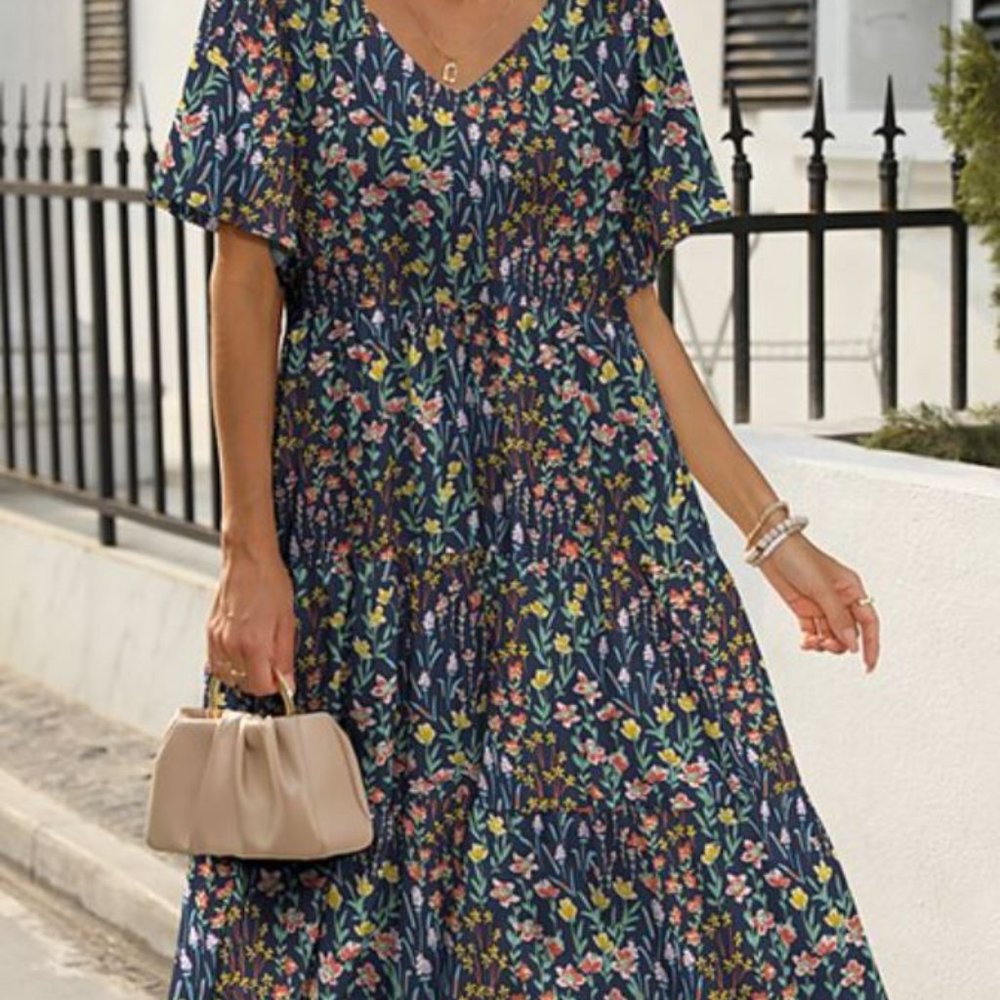 Navy & Red Floral Tiered V-Neck A-Line Dress